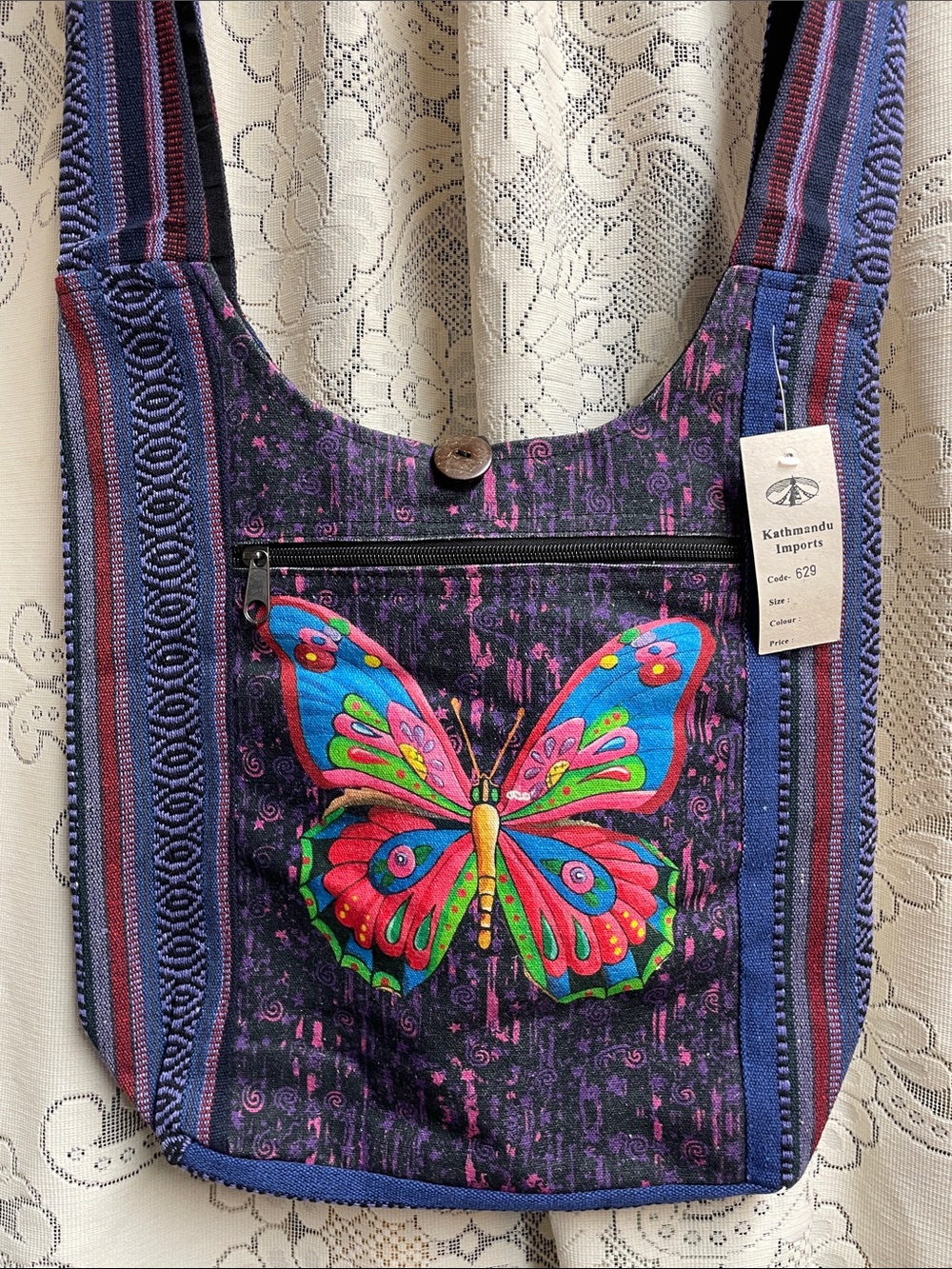 Kathmandu Imports Purple Butterfly Crossbody Bag NWT 100% Cotton